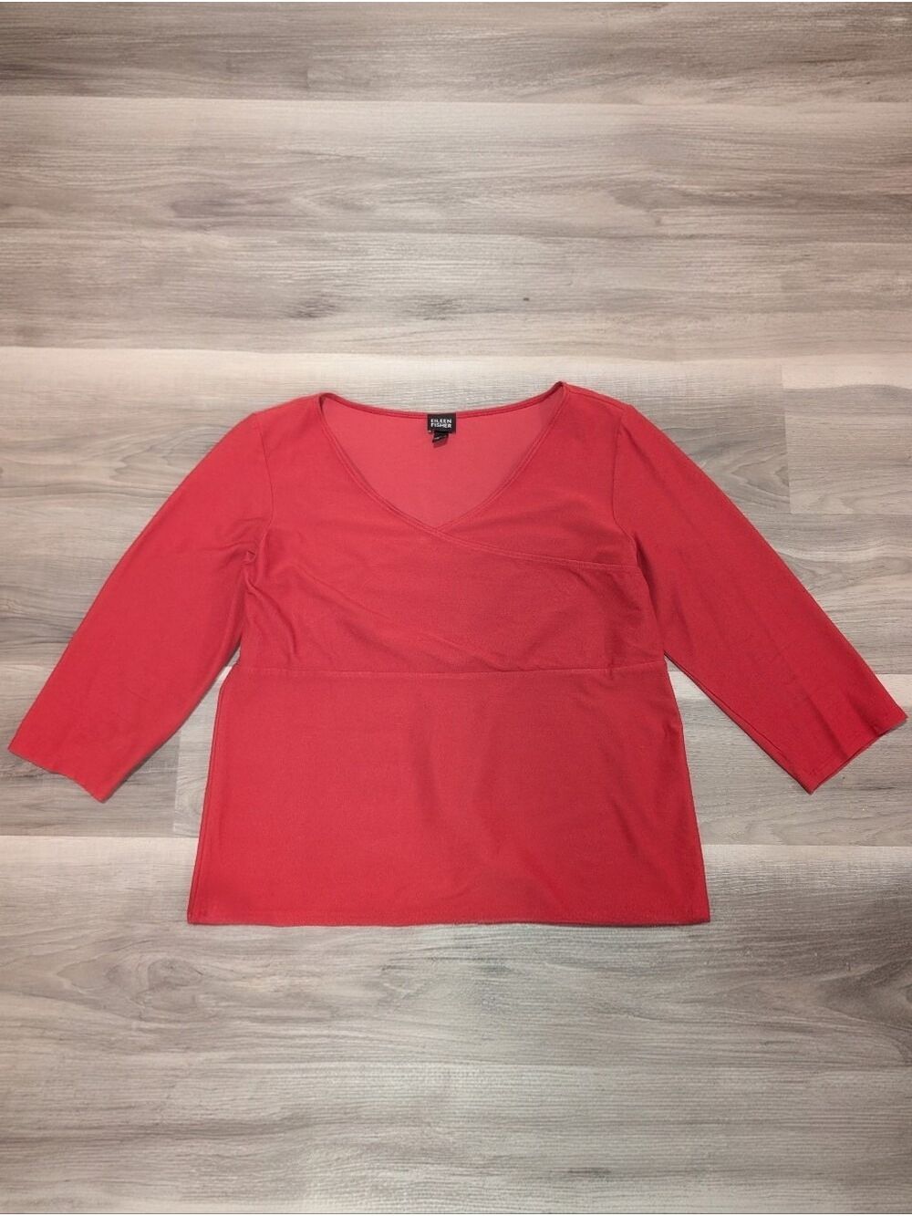 Eileen Fisher | Viscose Jersey Faux Wrap 3/4 Sleeve Top In Crimson Red